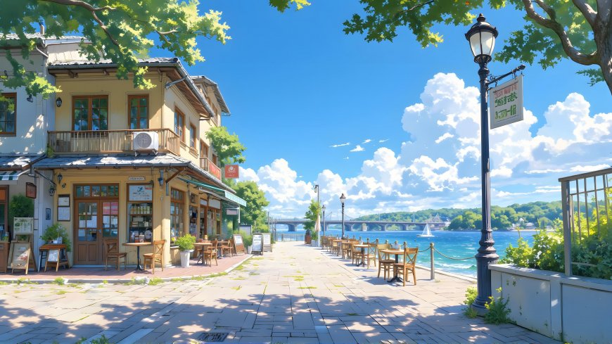 湖畔咖啡馆街道蓝天白云夏日二次元风景电脑壁纸
