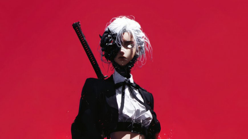 白发面具武士刀少女二次元动漫电脑壁纸