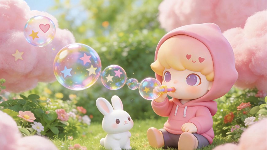 粉色卫衣少女草地吹泡泡白兔创意电脑壁纸