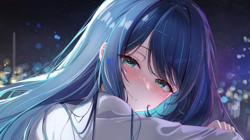 蓝发绿瞳少女城市夜景温柔微笑二次元动漫电脑壁纸