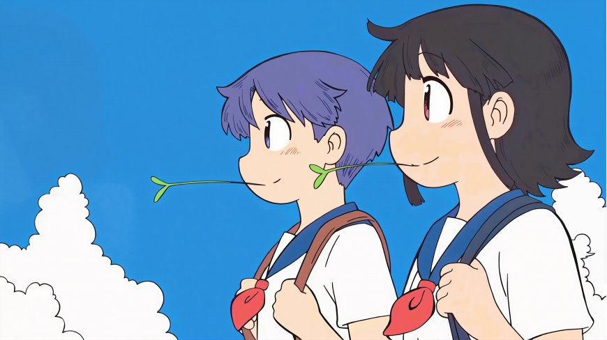 蓝天白云校服双少女叼草清新二次元动漫电脑壁纸