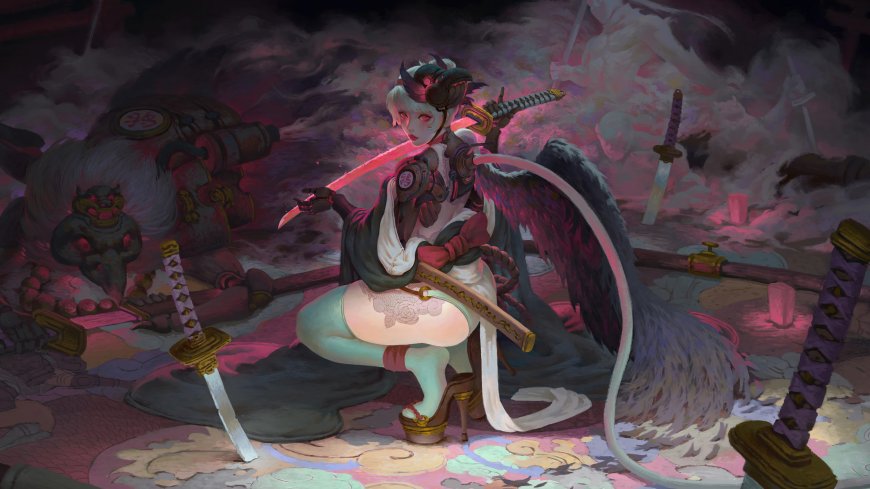 羽翼武士刀战士少女二次元动漫电脑壁纸
