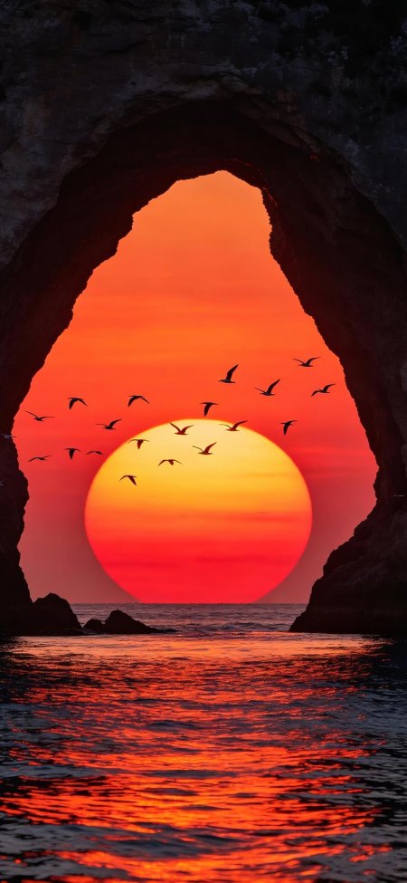 海蚀洞夕阳飞鸟剪影风景手机壁纸