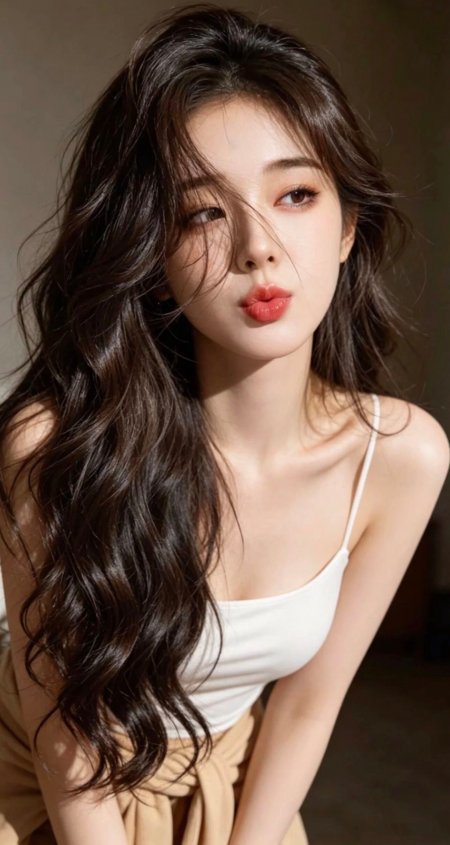 白吊带嘟嘴红唇卷发美女手机壁纸