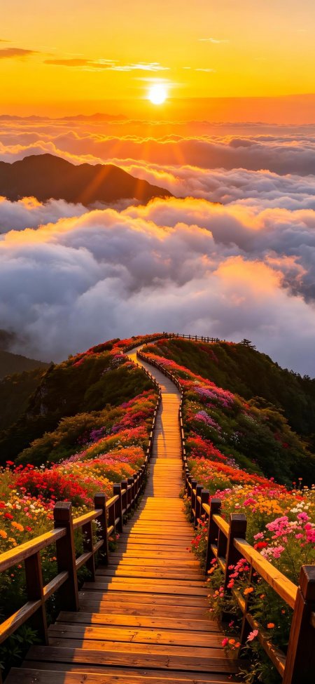 高山花海栈道云海日落风景手机壁纸