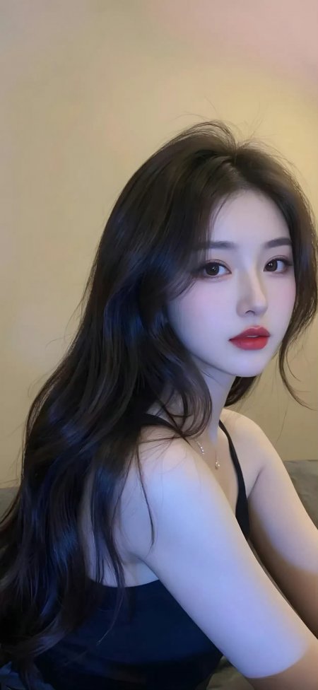 黑吊带长发回眸气质美女手机壁纸