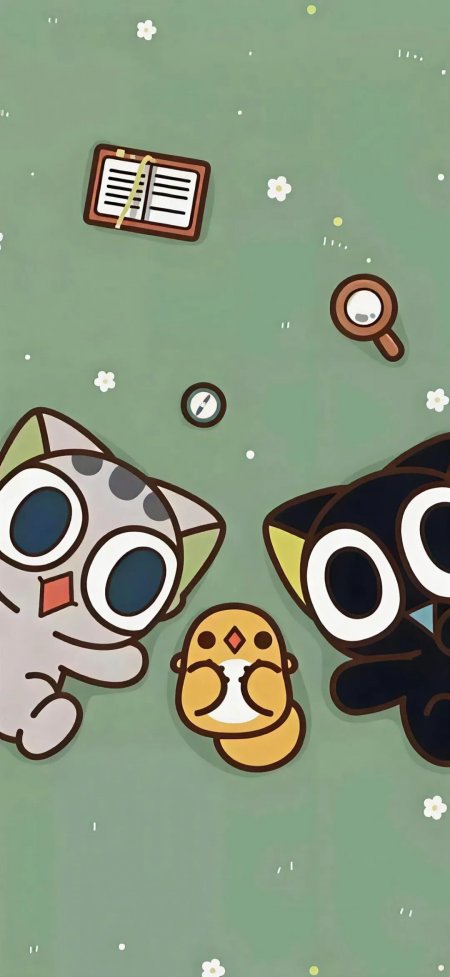 灰猫黑猫黄鸟绿底探奇插画动漫手机壁纸