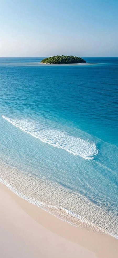 航拍碧海蓝岛沙滩浪花治愈风景手机壁纸