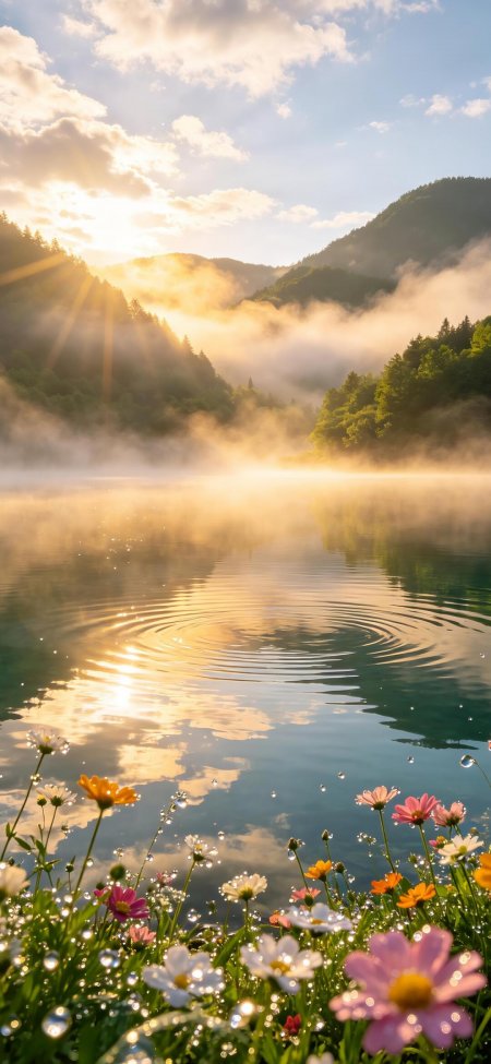湖畔日出野花薄雾治愈风景手机壁纸