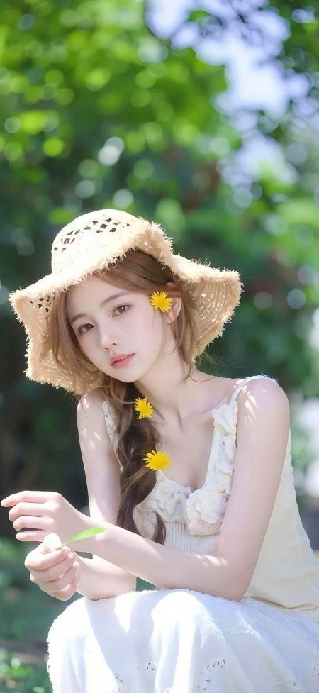 草帽黄花白裙森系清新美女手机壁纸