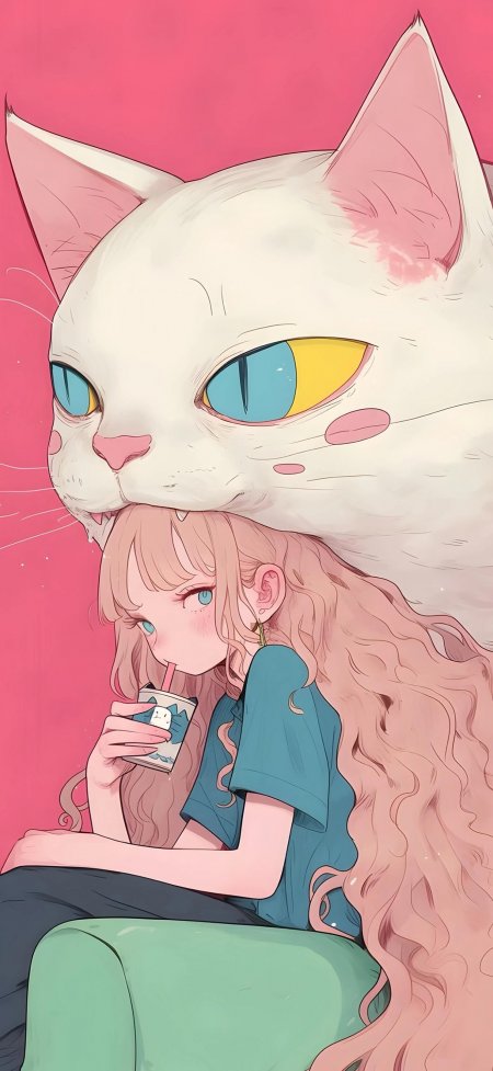粉发少女被巨猫咬头动漫手机壁纸
