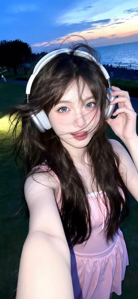 海边耳机落日自拍氛围美女手机壁纸