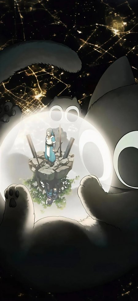罗小黑战记巨猫环抱浮岛光球城市夜景创意手机壁纸