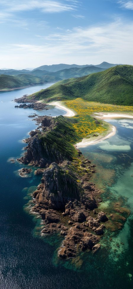 航拍礁石黄花碧海海岸风景手机壁纸