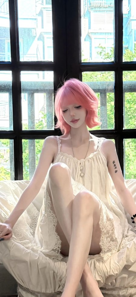 粉发蕾丝白裙窗边治愈美女手机壁纸
