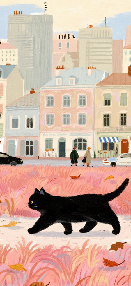 粉草地黑猫小镇插画动漫手机壁纸