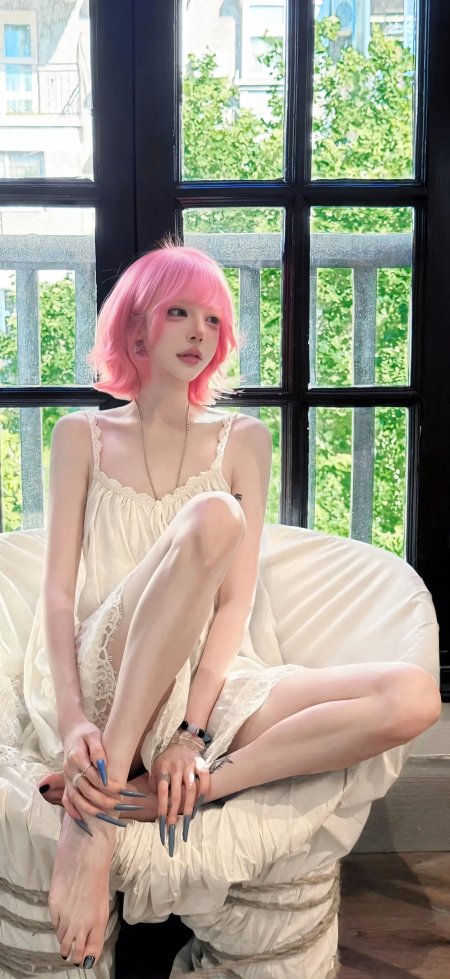 粉发白裙豆袋坐姿甜美美女手机壁纸