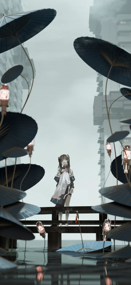 蓝伞迷雾桥景古风少女动漫手机壁纸