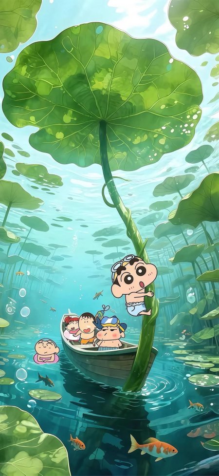 蜡笔小新荷下戏水夏日动漫手机壁纸