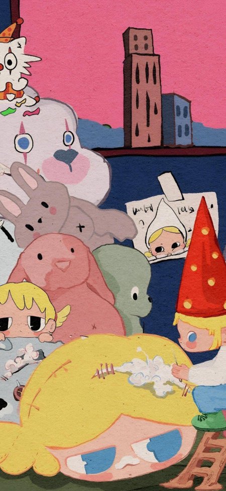 怪诞玩偶女孩缝补插画卡通手机壁纸