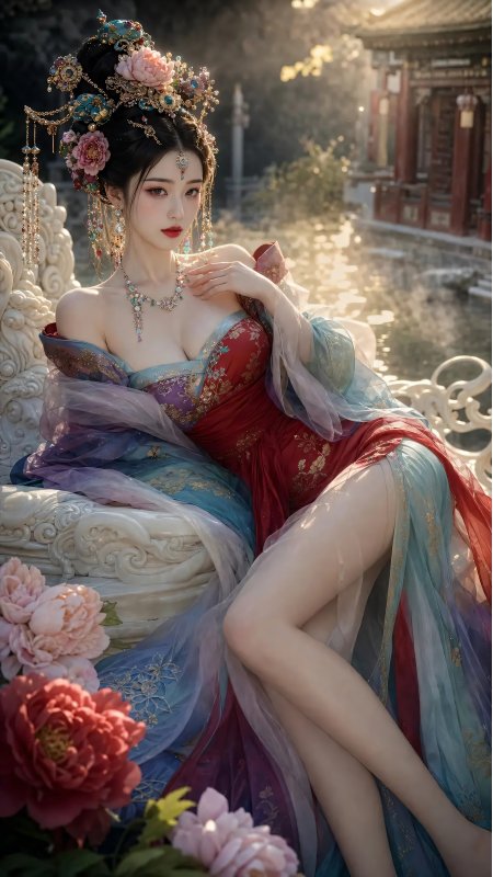 红蓝华服牡丹庭院古风少女动漫手机壁纸