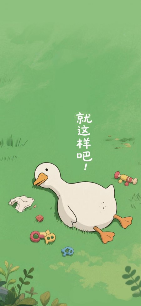 绿草地白鸭躺平治愈卡通手机壁纸