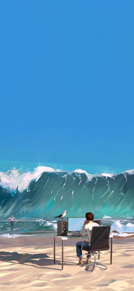 巨浪前办公桌荒诞幽默插画手机壁纸