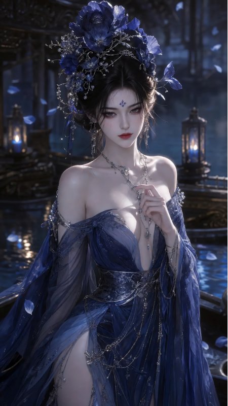 蓝花冠夜景古风仙气少女动漫手机壁纸