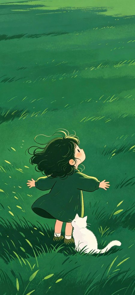 绿地少女白猫仰望治愈动漫手机壁纸