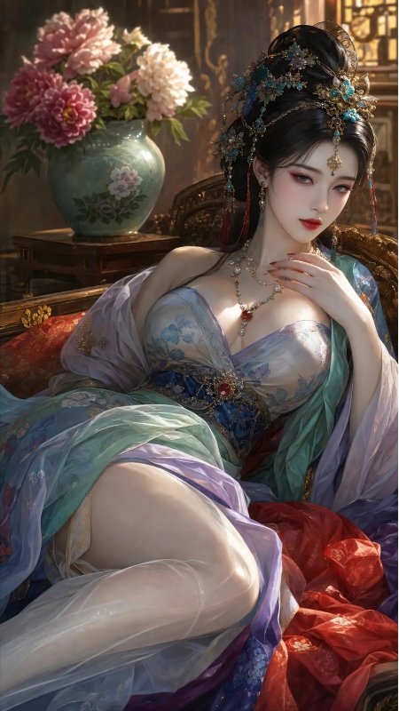 蓝袍牡丹华贵古风少女动漫手机壁纸
