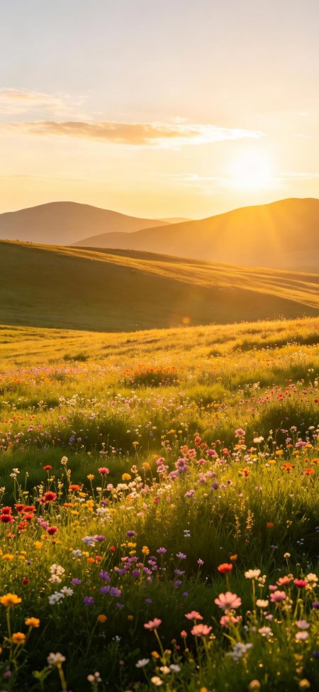 夕阳野花草原金光治愈风景手机壁纸
