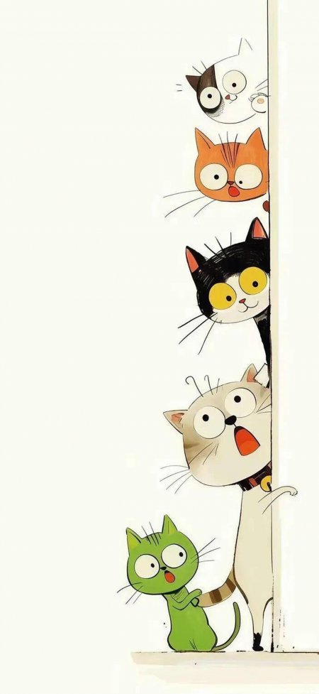五只搞怪猫咪探头插画动漫手机壁纸