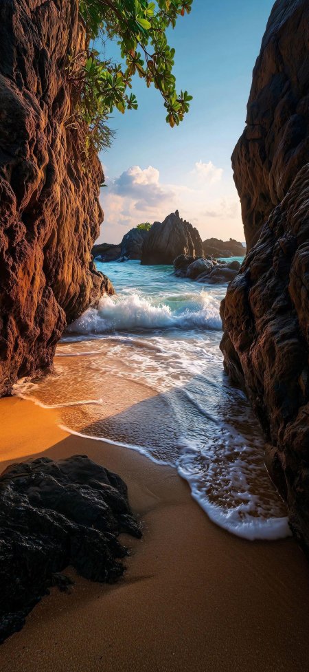 礁石框景热带海滩浪花风景手机壁纸