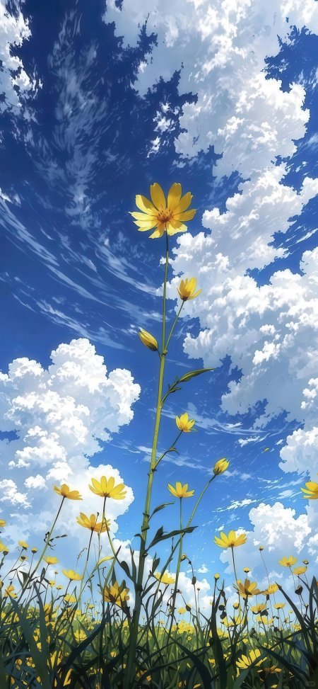 蓝天白云黄花田野治愈风景手机壁纸
