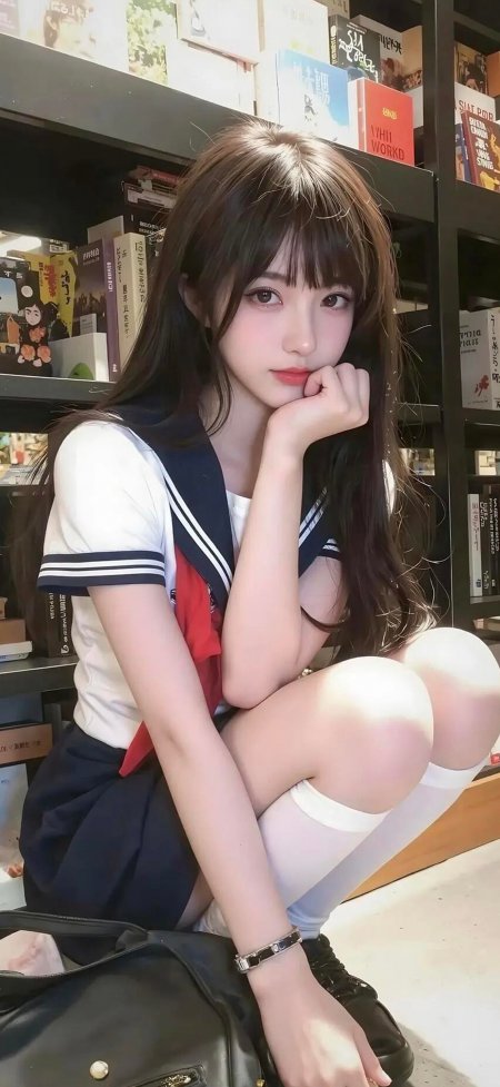 书店制服白丝蹲姿清纯美女手机壁纸