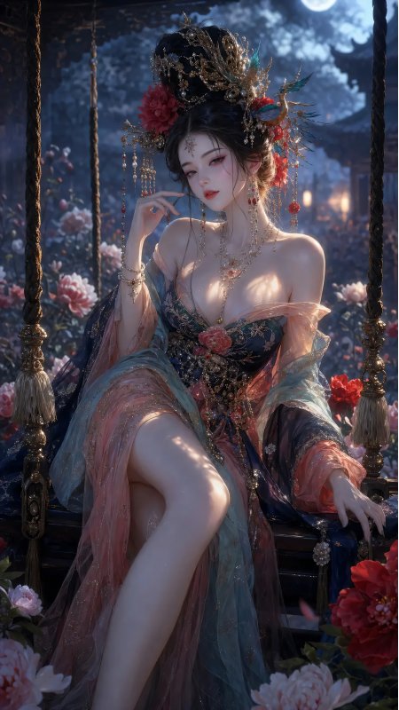 暮色秋千红蓝古风少女动漫手机壁纸