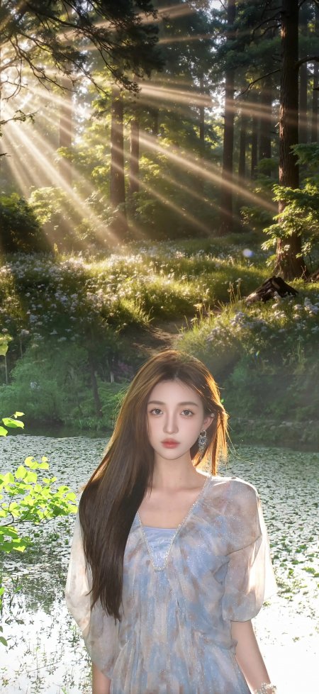 森林光影湖畔仙气唯美美女手机壁纸