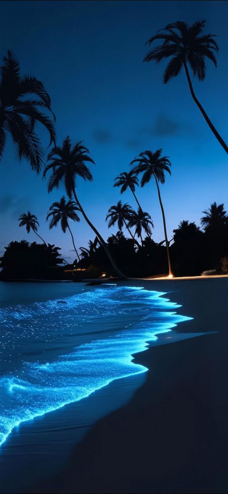 荧光海椰影夏夜梦幻风景手机壁纸