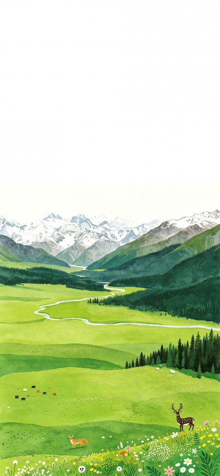 雪山森林溪流小鹿狐狸风景手机壁纸