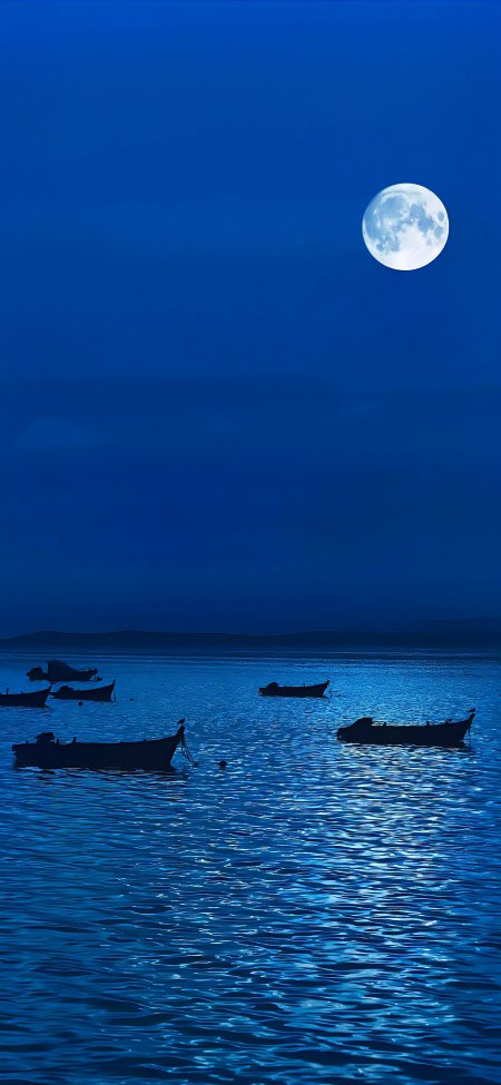深蓝满月夜海小舟倒影风景手机壁纸