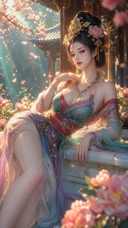 亭台牡丹华服古风少女动漫手机壁纸