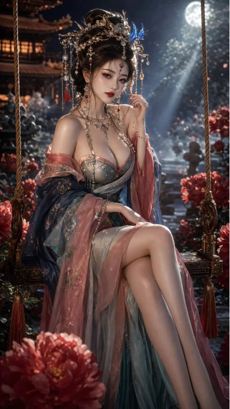 月下红亭蓝衣古风少女动漫手机壁纸