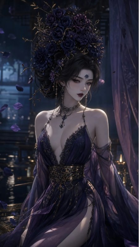 紫花冠灯笼夜色古风少女动漫手机壁纸
