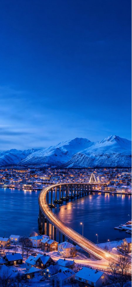 北欧雪山跨海大桥夜景风景手机壁纸