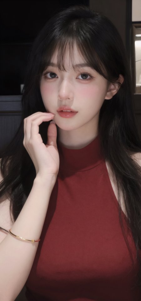 酒红高领托腮气质清纯美女手机壁纸