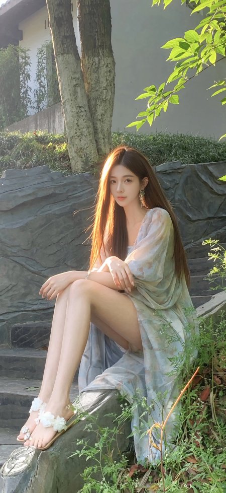 治愈系夏日蓝裙长发美女手机壁纸