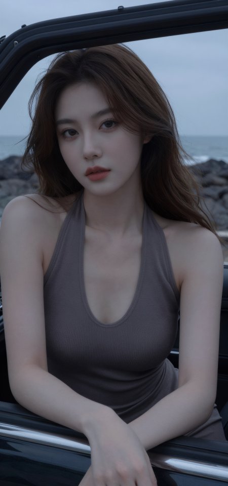 海边车窗灰调忧郁气质美女手机壁纸