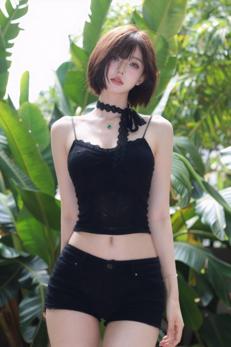 短发黑装绿植清爽夏日美女手机壁纸