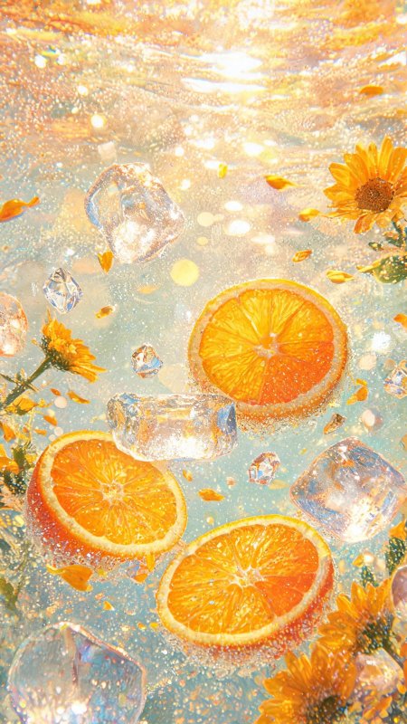夏日橙子冰块花朵清爽创意手机壁纸