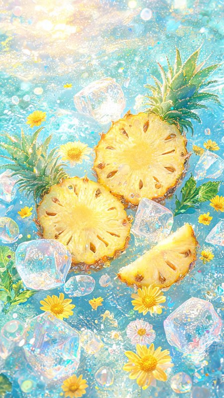 夏日菠萝冰块薄荷气泡创意手机壁纸